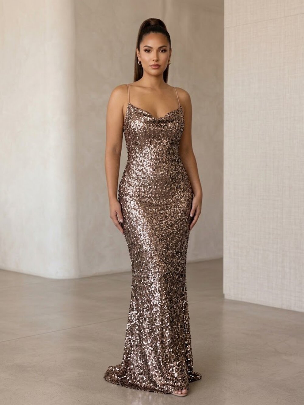 Copper Brown Goldish Hue Sequined Formal Floor Length Gown - NWT